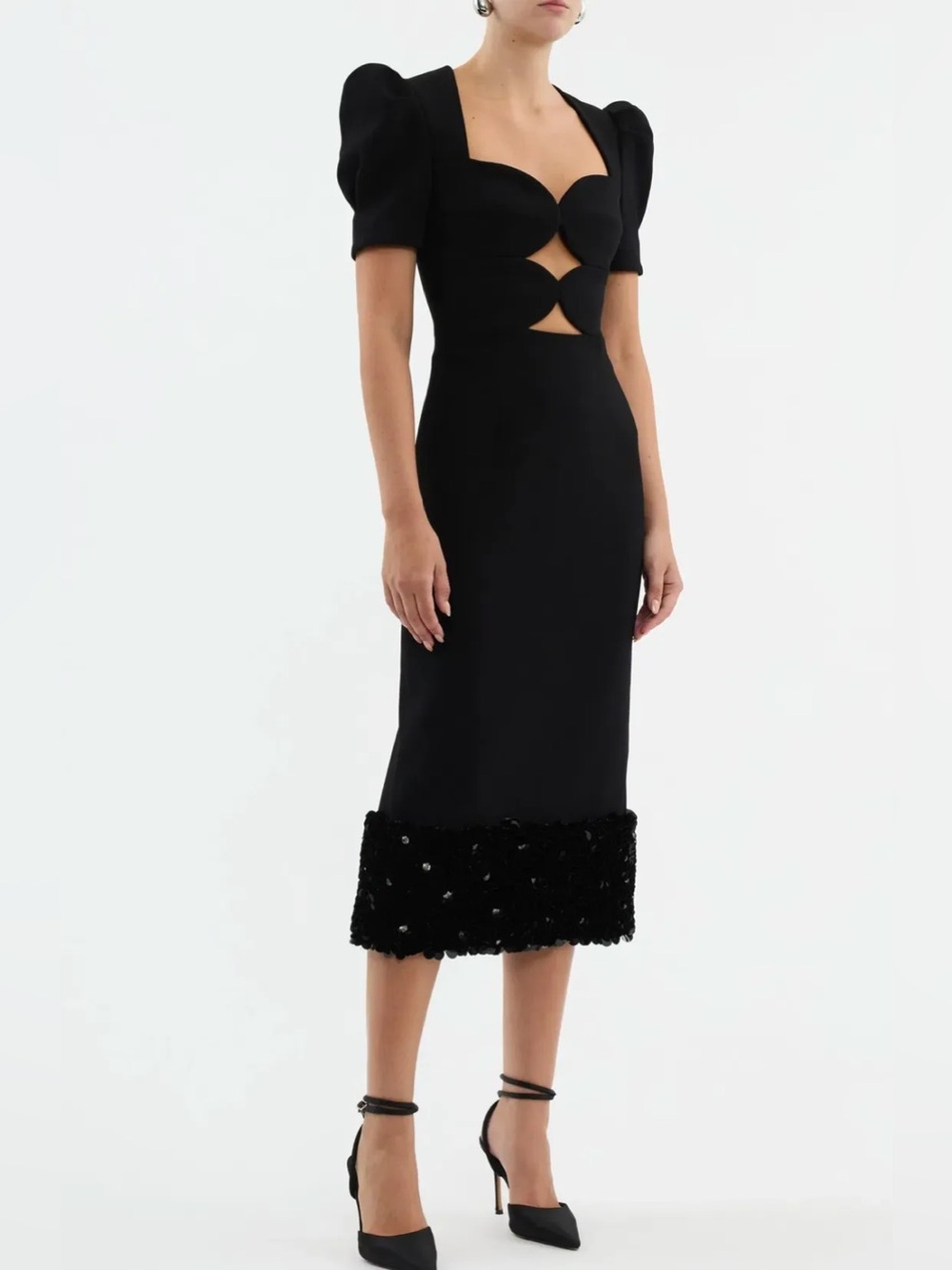 Rebeca Vallance Black Cutout Midi Dress with Puff Sleeves - Size 12 AU 8 US